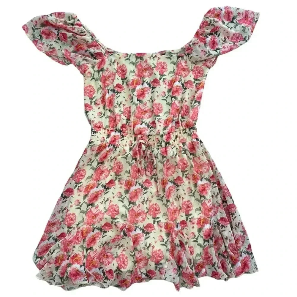 Rose Floral Pattern Dress Short Sleeve Fit Flare Mini, Size medium